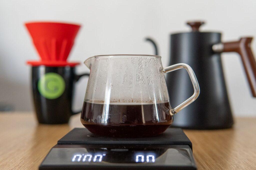 Close up of freshly brewed coffee using V60 pour-over with precision scale.